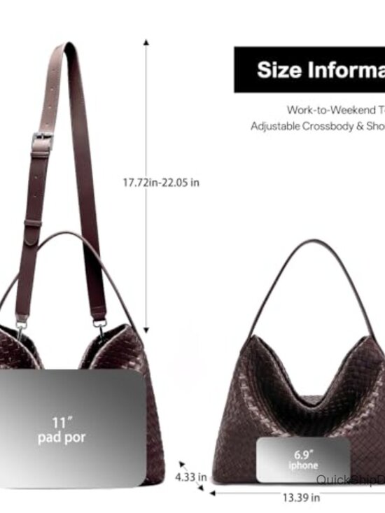 Vegan Leather Woven Tote Bag with Adjustable Strap and Pockets - Picture 7 of 7